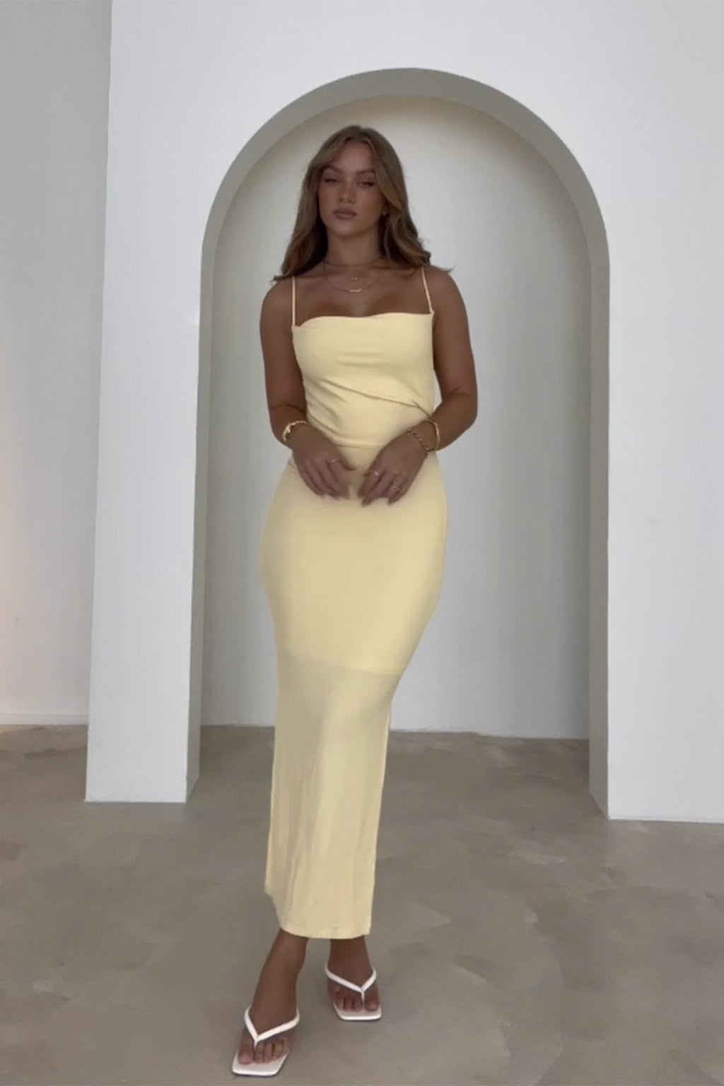 Frieda Cowl Neck Side Split Ribbed Midi Dress Yellow