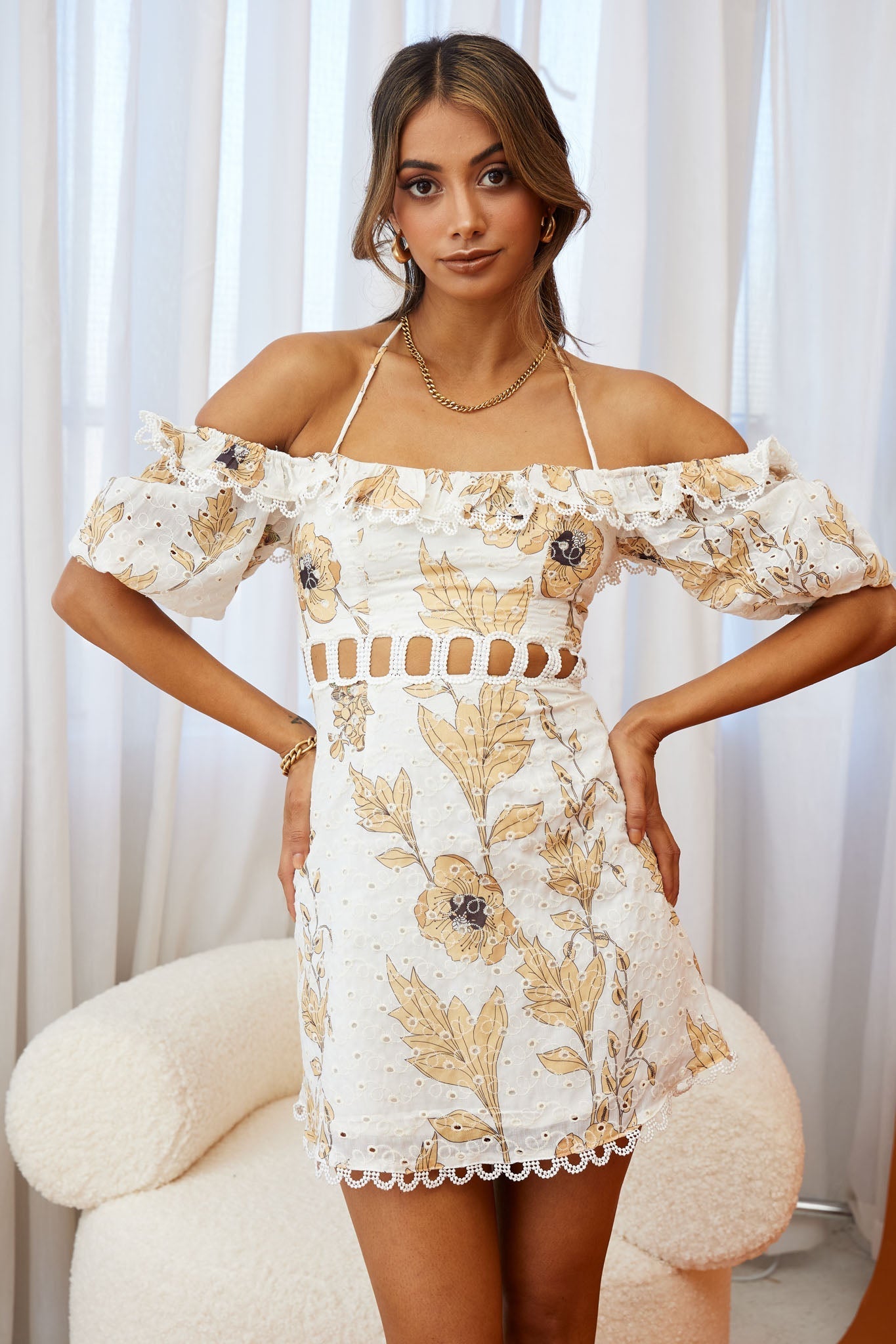 Happy Days Halterneck Puff Sleeve Eyelet Dress Floral Print Sunflower