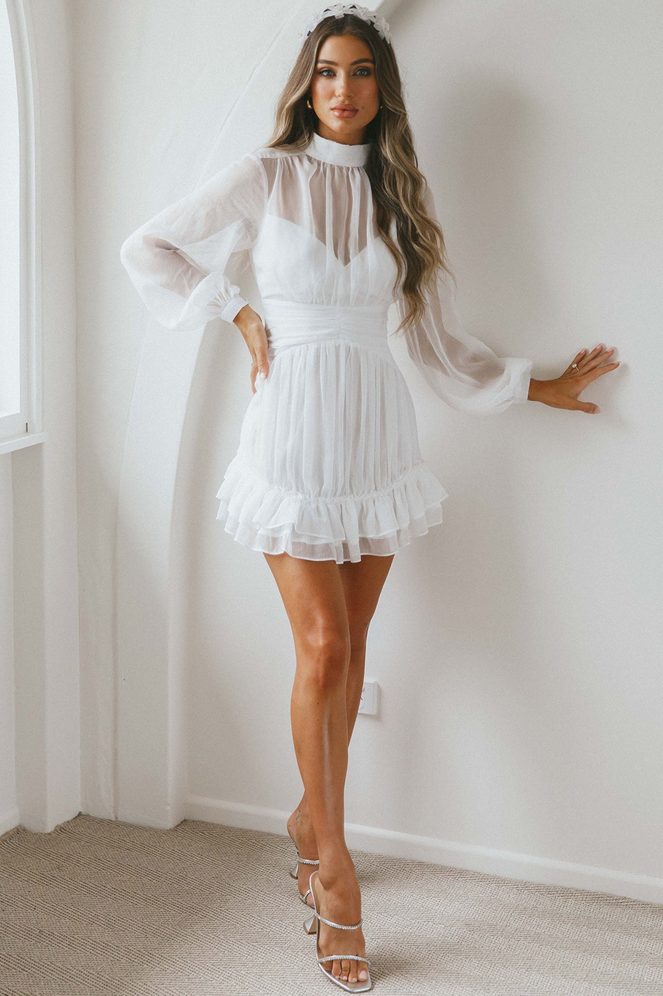 Mandalay High Neck Long Sleeve Waistband Dress White