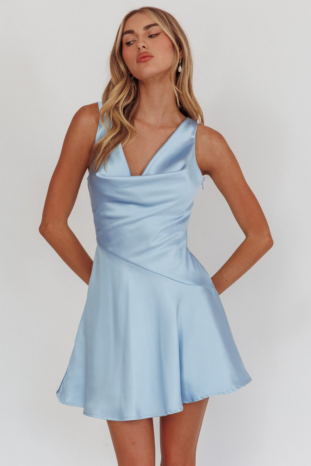 Brigid Cowl Neck Scoop Back Mini Dress Blue