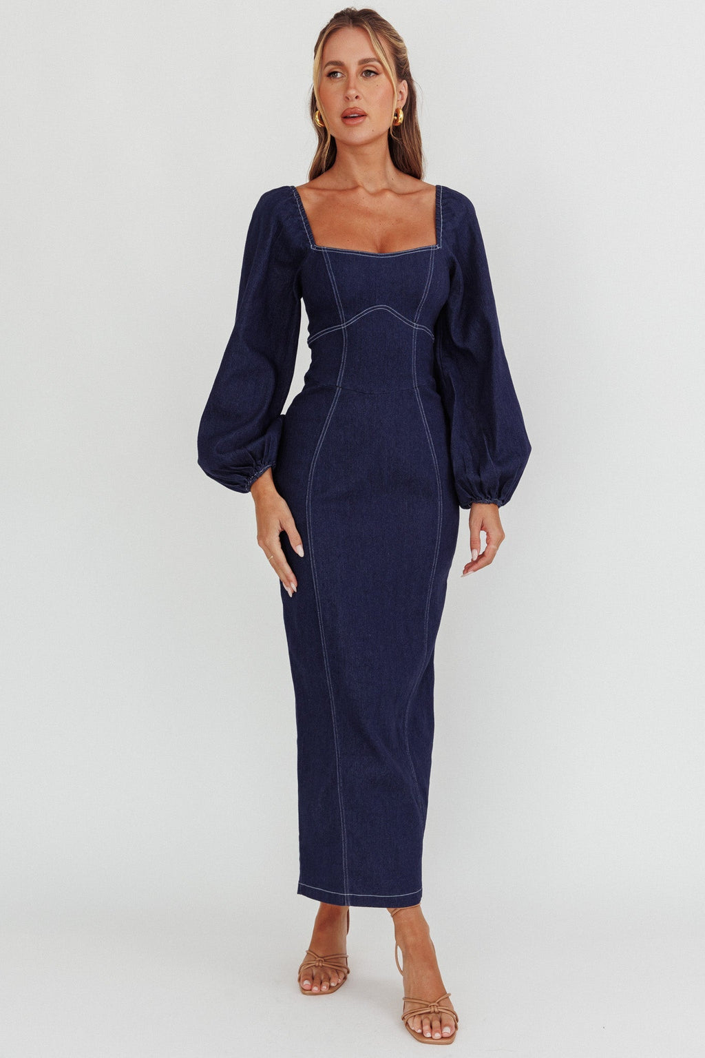 Bay Side Long Sleeve Denim Midi Dress Indigo