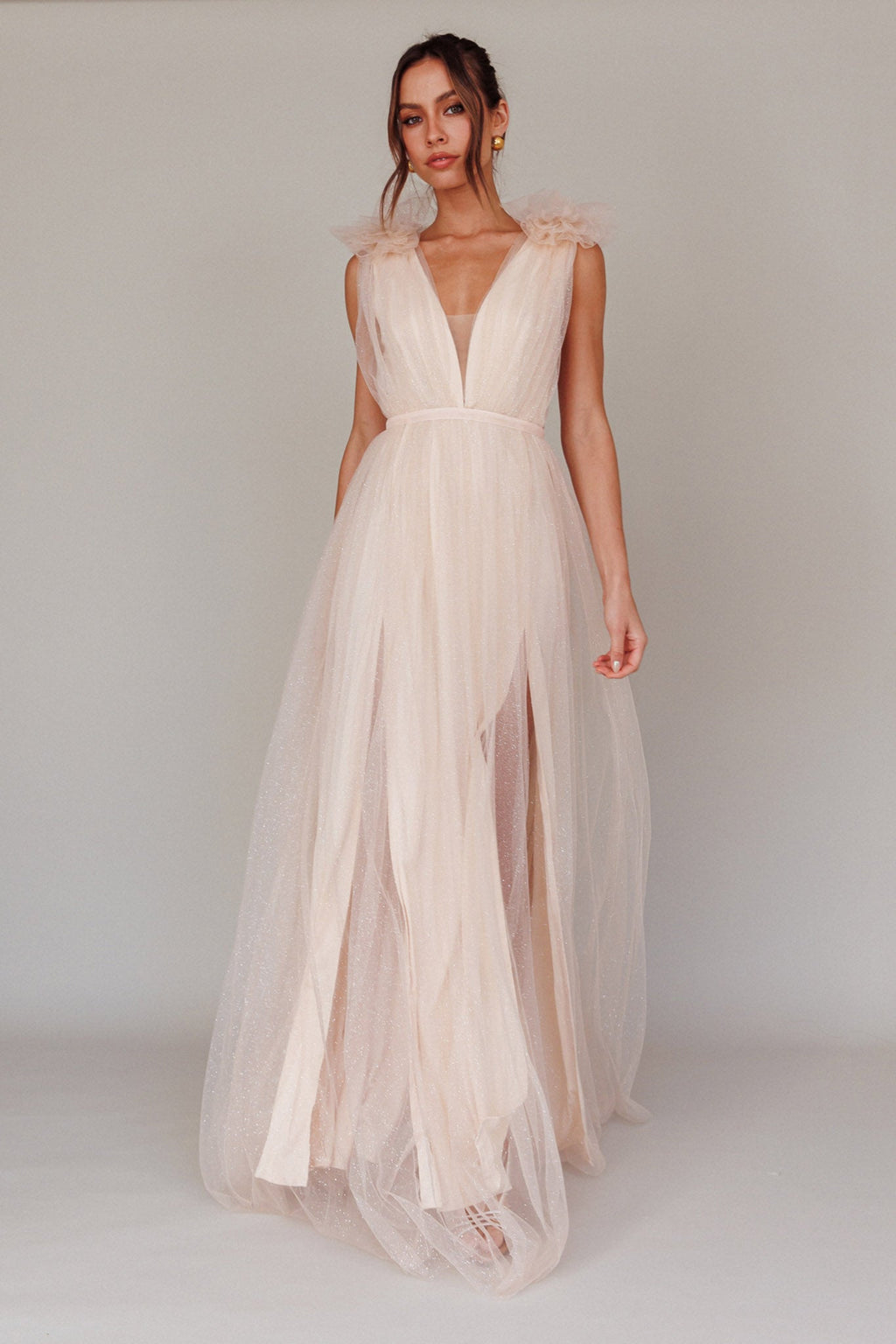 Ludivine Shoulder Accent Mesh Midi Dress Glitter Champagne
