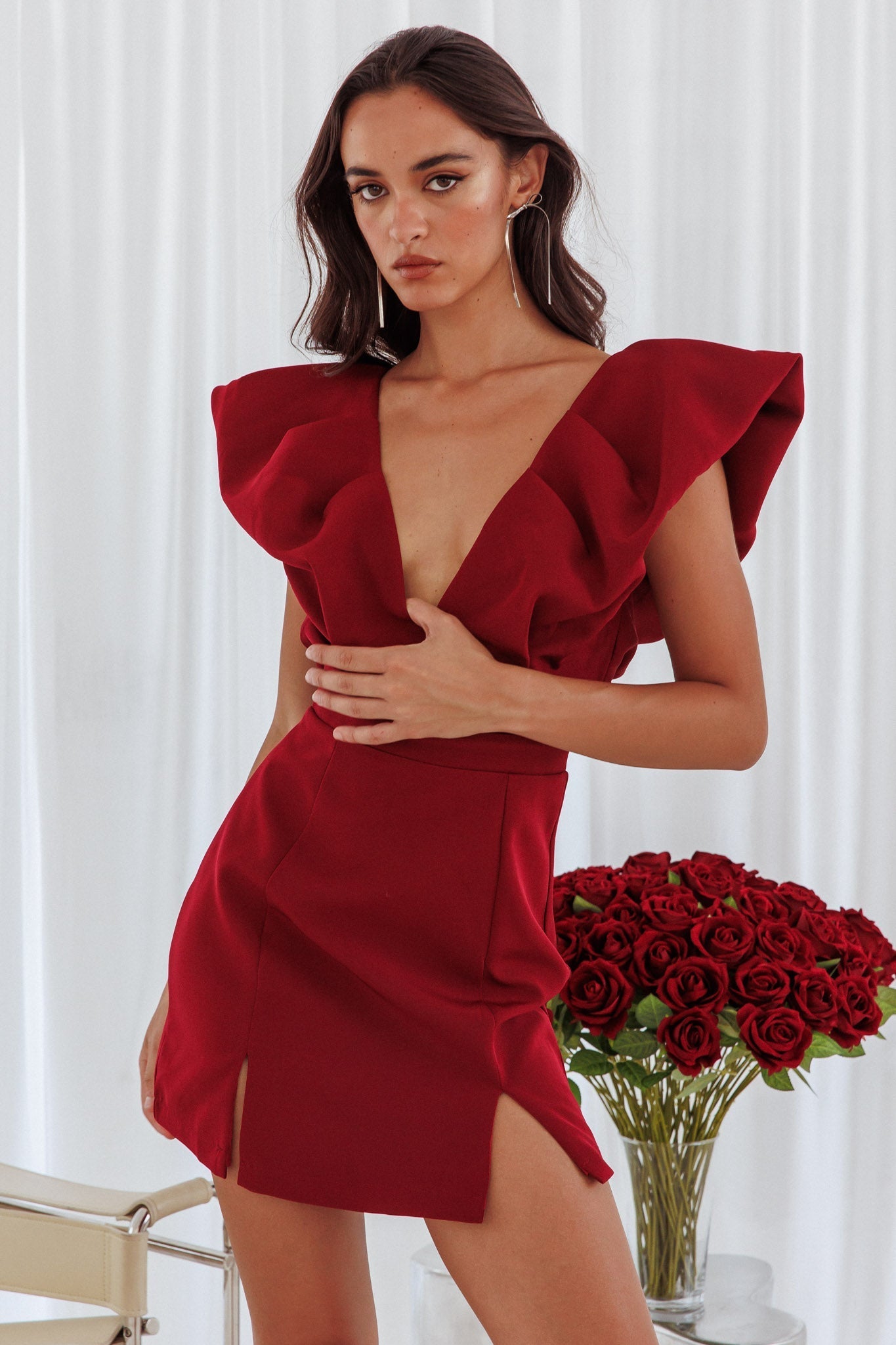 Liardon Bubble Sleeve V-Neckline Mini Dress Wine