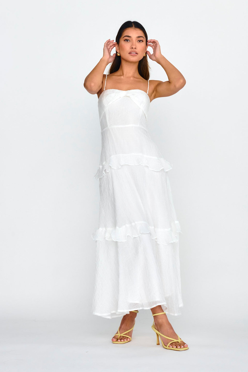 Rise & Glow Frill Trim Textured Midi Dress White