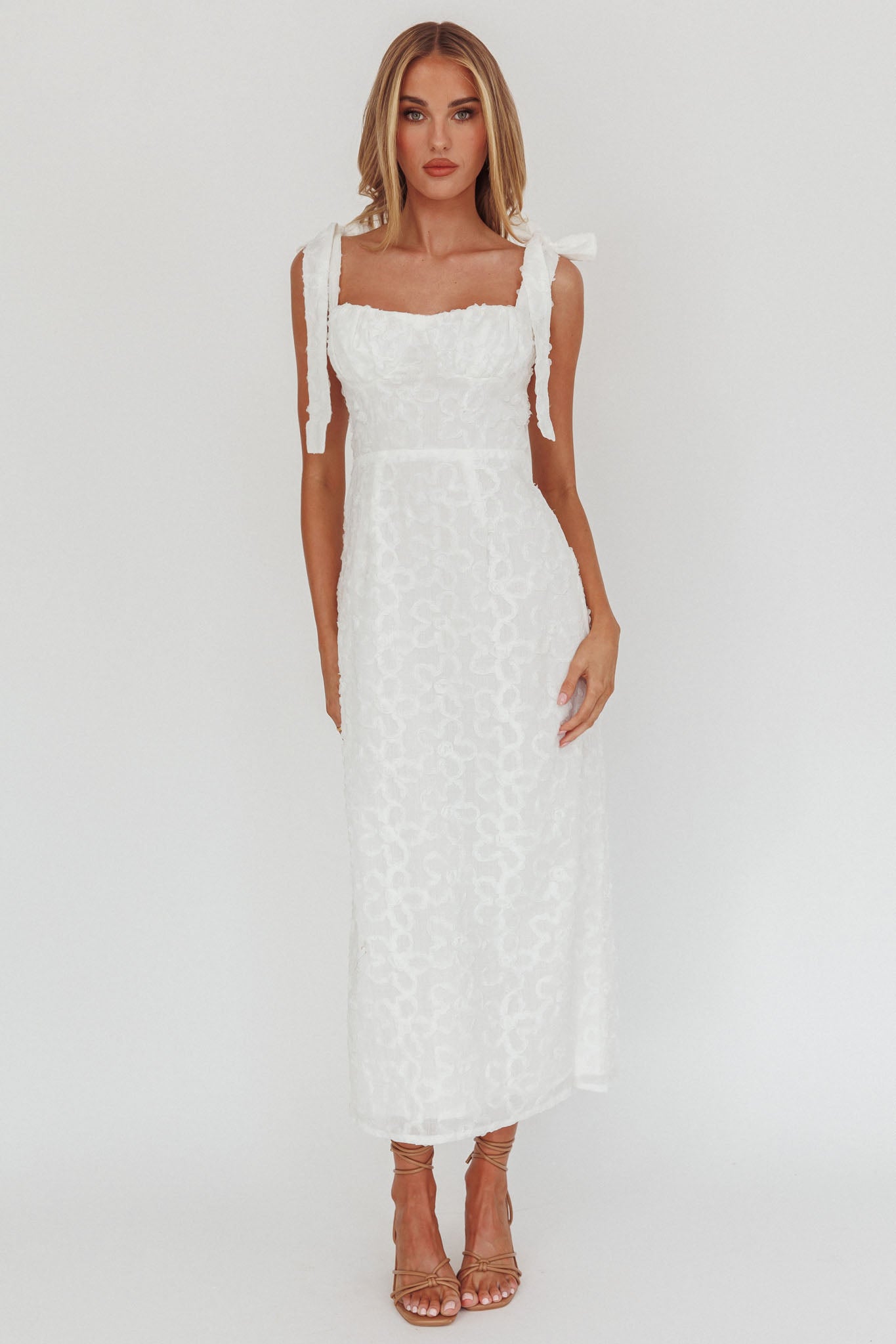 Cupid Tied Shoulder Embellished Midi Dress White